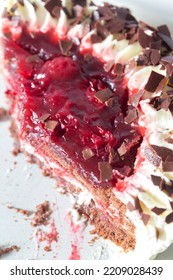 Black Forest Gateaux Dessert, Part Eaten, On A Grey Stoneware Plate