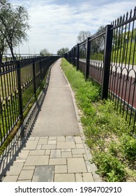 Black Forged Fence Along The Asphalt Path In The Summer