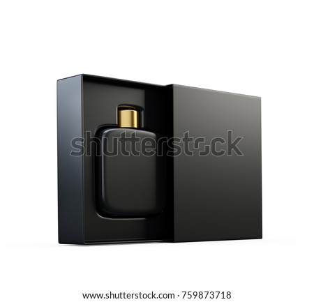 Black fragrance perfume bottle mockup in open box. Isolated on white. 3d render.