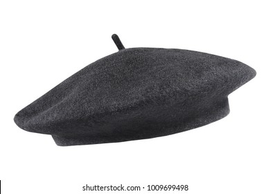 Black french cap beret side view isolated on white