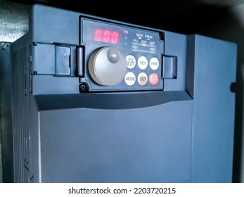 Black Frequency Inverter,with Control Panel In Electrical Cabinet Of Automation Control System On Industrial Plant.