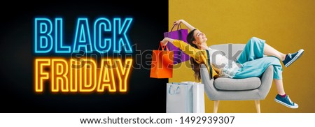 Black friday advertisement banner with cheerful shopping girl sitting on an armchair and holding bags