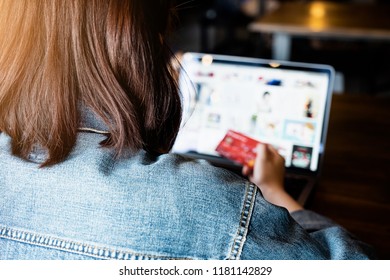 Black Friday, Beautiful Woman Using Credit Card And Laptop For Shopping Online.