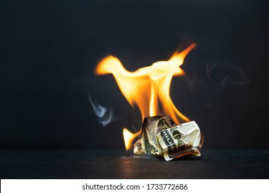 Black Friday concept. Crumpled dollar bills burning fire on a dark background. Economic crisis and downturn and bankruptcy, shutdown. Eagle Bird Flame.