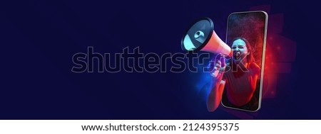 Black friday. Creative contamporary art collage, Young beautiful girl shouting at megaphone from phone screen isolated on dark background. Your device, gadget - all you need for modern lifestyle.