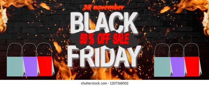 Black friday horizontal rectangular banner for website with the concept of advertising and shopping end of the year. On wall a flaming fire in  background.