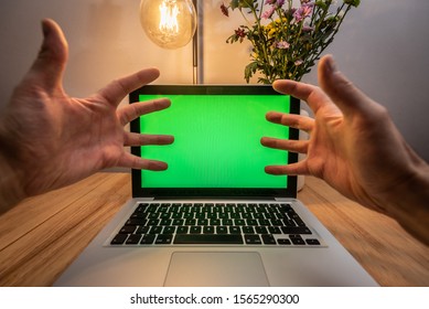 Black Friday Online Shopping Concept Angry Hands In Front Of A Modern Laptop Computer Screen Green Screen First Person View FPV