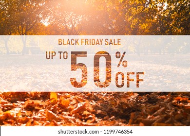 Black friday sale up to 50% off text over colorful fall leaves background. Word Black friday with colorful leaves. Creative nature concept. 50% off discount promotion sale poster, banner, ads - Powered by Shutterstock