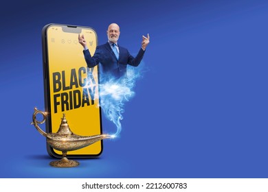 Black Friday sale advertisement on smartphone and genie of the lamp, he is snapping his fingers and making your wishes come true, online shopping and offers concept - Shutterstock ID 2212600783
