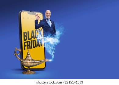 Black Friday sale advertisement on smartphone and genie of the lamp making the OK gesture, online shopping and offers concept - Shutterstock ID 2215141533