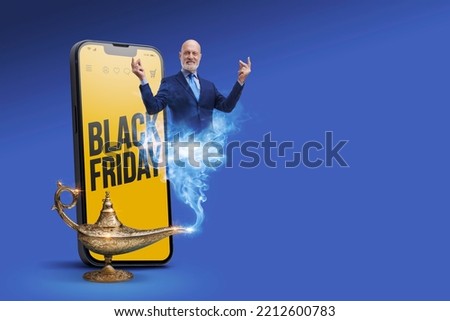 Black Friday sale advertisement on smartphone and genie of the lamp, he is snapping his fingers and making your wishes come true, online shopping and offers concept