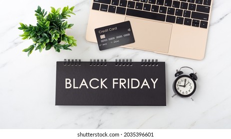 Black Friday Sale Concept With Laptop And Credit Card, Online Shopping, Top View