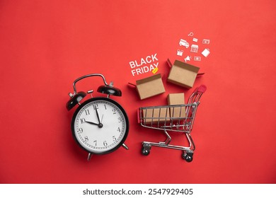 Black Friday sale concept. paper box parcels with shopping icons in Shopping carts with a Black Friday Sign on a Red background. Sale, discount, shopping, online shopping, trade, copy space - Powered by Shutterstock