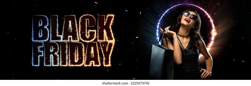 Black friday sale concept. Shopping woman holding grey bag isolated on dark background in blackfriday holiday. Black firday in neon lights. - Shutterstock ID 2225973745
