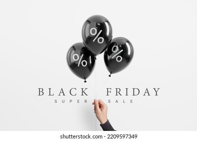 Black Friday sale with percent in black glossy balloon minimal on white background, minimalist poster, 3d rendering