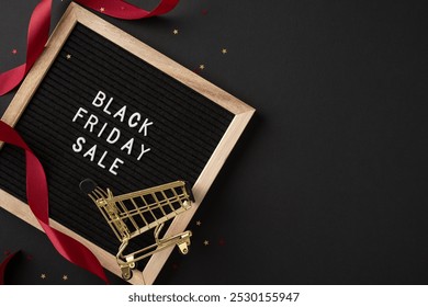 Black Friday sale signboard with a miniature shopping cart and red ribbon on dark background, representing holiday shopping and discounts - Powered by Shutterstock