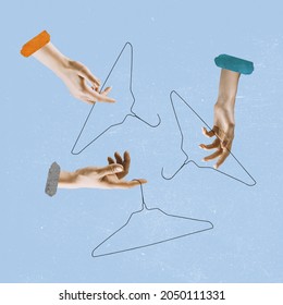 Black Friday. Sales Time. Contemporary Art Collage Of Human Hands Holding Clothes Hangers Isolated Over Blue Background. Conept Of Shopping, Sales, Clothes, Fashion. Copy Space For Ad