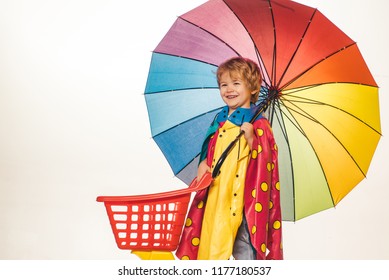 Black Friday Shopping. Happy Cute Clever Boy. Child With Color Umbrella. Online Advertising. Happy Kid Boy Of 3 Or 5 Years Having Fun. Logo For Your