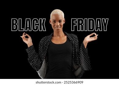 Black Friday shopping. Smiling African woman pointing at a text written isolated on black background. Banner commercial sign. Store and mall advertising Billboard guiding shoppers to deals - Powered by Shutterstock