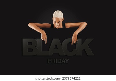 Black Friday shopping. Smiling black woman pointing at a Black Friday text on advertising banner commercial sign. Store and mall advertising Billboard guiding shoppers to deals - Powered by Shutterstock