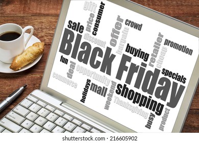 Black Friday Shopping Word Cloud On A Laptop Computer With A Cup Of Coffee