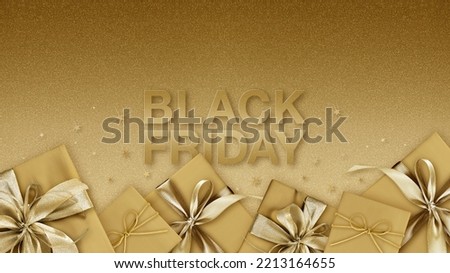 Black Friday text and gift box with golden ribbon bow isolated on gold glitter shiny stars texture background, for ticket gift card, advertising banner for sale and shopping. Flyer or label template