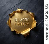 Black friday text on Gold ripped paper on black marble background for your sales, event or promotion 