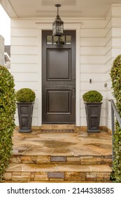 Black Front Door With Potted Plants 