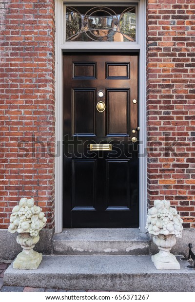 Black Front Door Red Brick Facade Stock Photo Edit Now 656371267