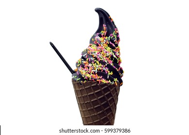Black Frozen Yogurt Charcoal Or Soft Serve Ice Cream In Cone  Isolated On White Background, Premium Milk Low Fat Yogurt, Copy Space