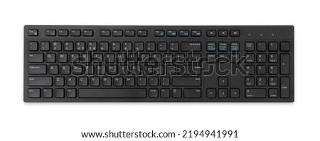 Black full size windows desktop pc keyboard with modern keyboard keys and standard layout on a white background