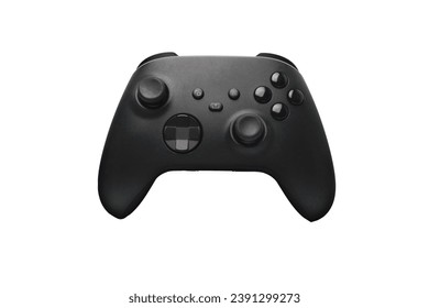 Black game controller front view isolated on white background