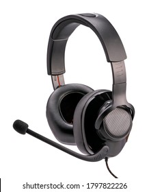 Black Gaming Headset Isolated On White Background With Clipping Path, Computer Headphones With Microphone Game Device