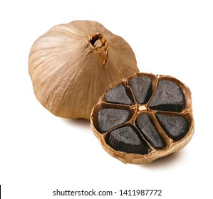 Black garlic bulbs isolated on white background. Package design element with clipping path