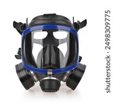 Black gas mask with blue border, chemical protection mask with double filter, isolated on white background. front view