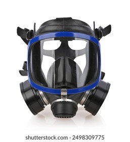 Black gas mask with blue border, chemical protection mask with double filter, isolated on white background. front view