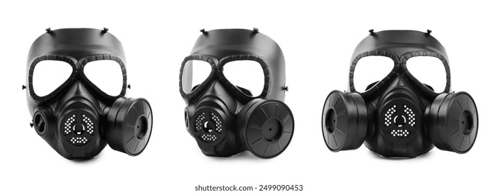 Black gas mask isolated on white, collage