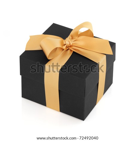 Black gift box with gold satin ribbon bow, over white background.
