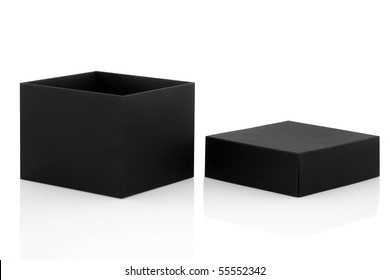 Black Gift Box Open With Lid To One Side, Isolated Over White Background With Reflection.