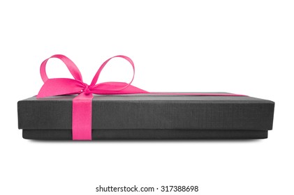 Black Gift Box (present) With Pink Satin Ribbon Bow, Side View, Isolated On White Background