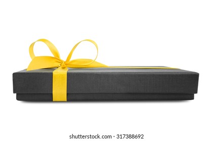 Black Gift Box (present) With Yellow Satin Ribbon Bow, Side View, Isolated On White Background