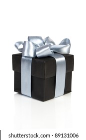 Black Gift Box With Silver Ribbon Isolated On White