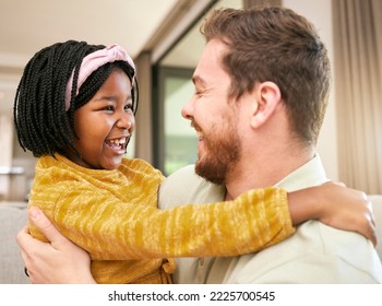 Black Girl, Adoption Or Father In Hug In Living Room Or House, Family Home Or Orphanage With Foster Success, Support Or Love Trust. Smile, Happy Child Or Excited Kid Bonding With Dad, Man Or Parent