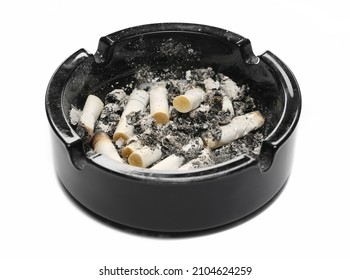 Black Glass Ashtray With Cigarette Stubs, Butts With Ash Isolated On White Background, Top View