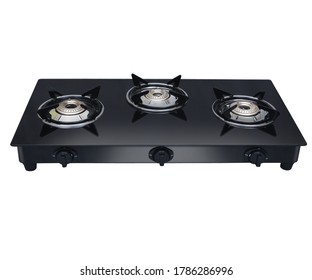 Black Glass Finished And Brass Burner Gas Stove On Isolated 