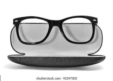 black glasses in a case on a white background