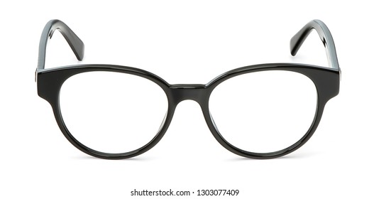 Black Glasses In Rectangular Frame Transparent For Reading Or Good Eye Sight, Front View Isolated On White Background.  Glasses Mockup.