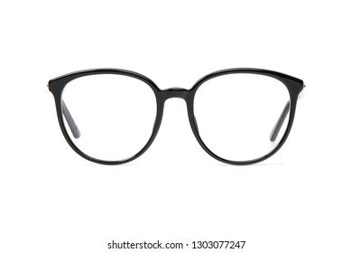 Black Glasses In Round Frame Transparent For Reading Or Good Eye Sight, Front View Isolated On White Background.