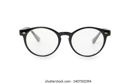 Black Glasses In Round Frame Transparent For Reading Or Good Eye Sight, Front View Isolated On White Background