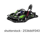 ฺEmpty Black Go-Kart, Racing Kart, kart, karting Decorated with green stickers, the seat has a red stripe isolated on white background